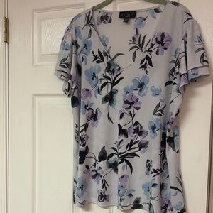 Premise Floral V-Neck Blouse in Blue and Purple